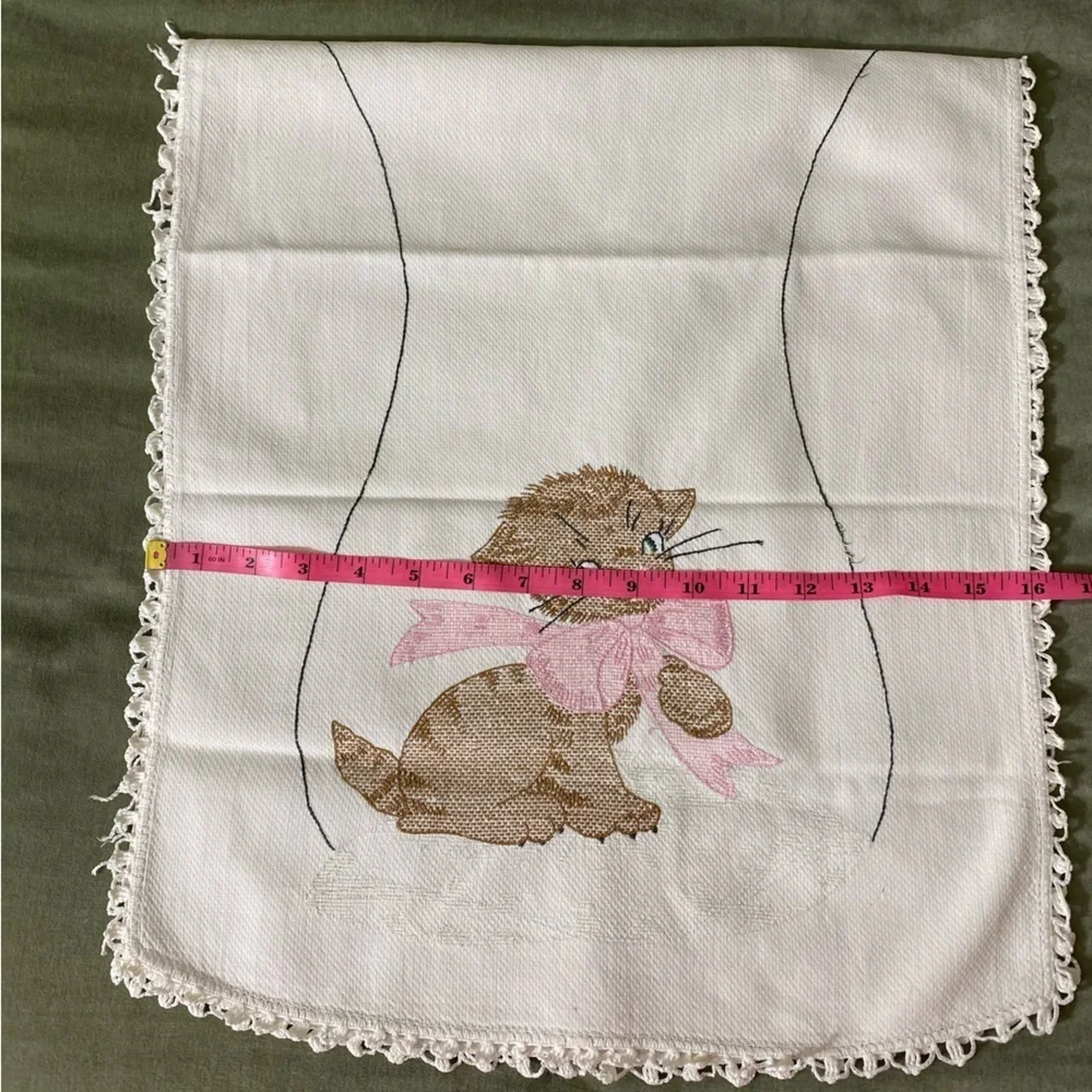 Vintage runner and round cross stitch lot of 2 flowers and kittens OSK